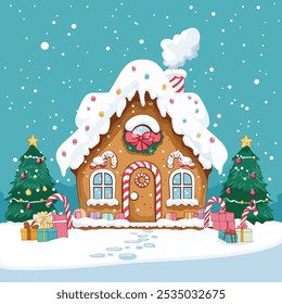 A fantasy gingerbread house in snow