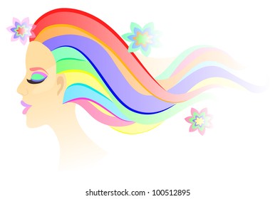 Fantasy girl with bright colorful airy hair and flowers. Eps 10