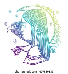 Fantasy girl elf, magical month and a bird falcon. Linear imaginary illustration - print.