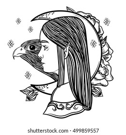 Fantasy girl elf, magical month and a bird falcon. Linear imaginary illustration - print.