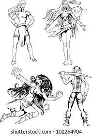 Fantasy girls. Set of black and white vector illustrations.