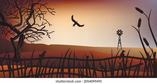 Fantasy Gloomy Panorama Landscapes of Countryside in Autumn. Panoramic of end of fall with farm field, hills, fence, wild grass, reeds, windmill crow and gnarled tree. Wonderland  vector landscape 