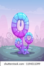 Fantasy glossy blue mushroom, cartoon magic plant. Alien nature landscape. Vector illustration.