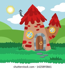 Fantasy gnome house vector cartoon fairy treehouse and magic housing village illustration set of kids gnome fairytale pumpkin or stone playhouse for gnome background