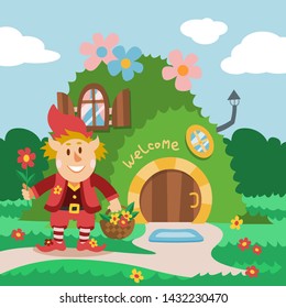 Fantasy gnome house vector cartoon fairy treehouse and magic housing village illustration set of kids gnome fairytale pumpkin or stone playhouse for gnome background