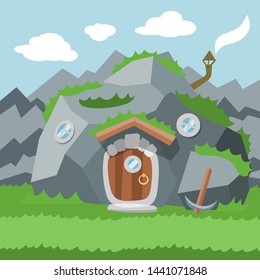 Fantasy gnome house vector cartoon fairy treehouse and magic housing village illustration set of kids gnome fairytale pumpkin or stone playhouse for gnome background