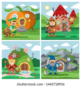 Fantasy gnome house vector cartoon fairy treehouse and magic housing village illustration set of kids gnome fairytale pumpkin or stone playhouse for gnome background