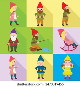Fantasy gnome icon set. Flat set of 9 fantasy gnome vector icons for web design isolated on white background