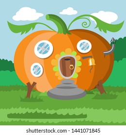 Fantasy gnome pumpkin house vector cartoon fairy treehouse and magic housing village illustration set of kids gnome fairytale pumpkin or stone playhouse for gnome background