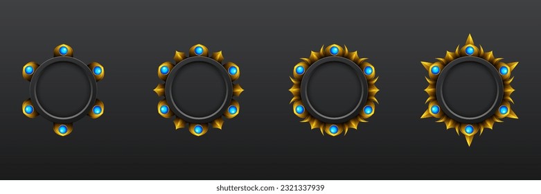 Fantasy gold border vintage style game avatar frames with blue gems for game ui design