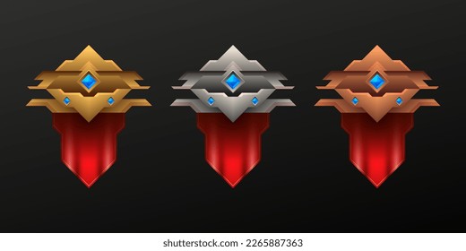 Banderas de medalla de oro, plata y bronce en el nivel de juego con bandera roja