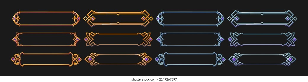 Fantasy gold and silver frames in medieval style for rpg game ui design. Vector cartoon set of empty banners with ancient fancy golden and metal border and purple gems