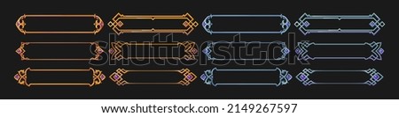 Fantasy gold and silver frames in medieval style for rpg game ui design. Vector cartoon set of empty banners with ancient fancy golden and metal border and purple gems