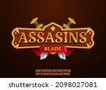 fantasy golden assassin blade medieval rpg game logo title text effect with border, ribbon and sword