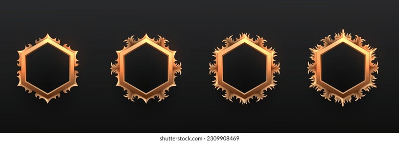 Fantasy golden hexagonal game avatar banner border frames set for game ui design