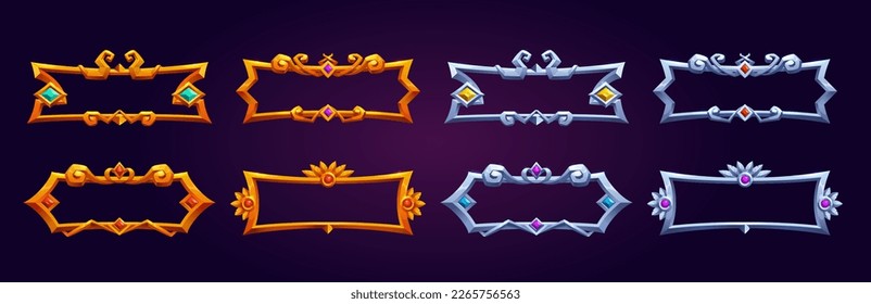 Fantasy golden and silver frames for rpg game interface. Empty banners or title bars with fancy gold and metal medieval borders with gems, vector cartoon set isolated on background