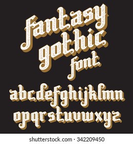 Fantasy Gothic Font. Retro vintage alphabet. Custom type letters on a dark background. Stock vector typography for labels, headlines, posters etc.