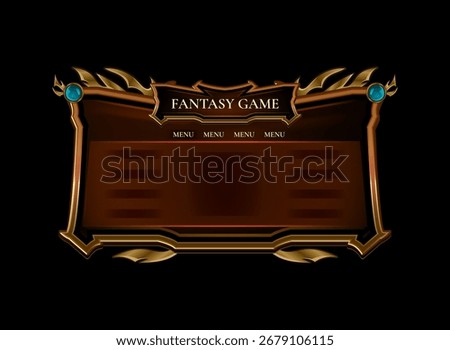 Fantasy Gothic Medieval Game Main Menu Board UI — Golden Frame with Blue and Red Diamond Highlights for RPG and Adventure Interface Design