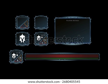 Fantasy Gothic RPG Character Profile Bar and Meter Pack — Glossy Blue Board and Panel UI Elements for Adventure Game Design