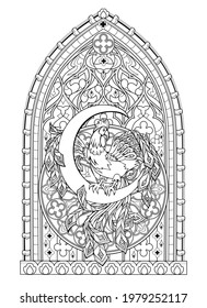 Fantasy Gothic stained glass window with fabulous cock sitting on the moon. Medieval architecture in western Europe. Black and white drawing for coloring book. Worksheet for children and adults.