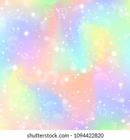 Fantasy gradient backdrop with hologram. Holographic fairy background with magic sparkles, stars and blurs.