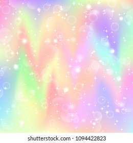 Fantasy gradient backdrop with hologram. Holographic fairy background with magic sparkles, stars and blurs.