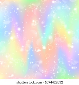Fantasy gradient backdrop with hologram. Holographic fairy background with magic sparkles, stars and blurs.