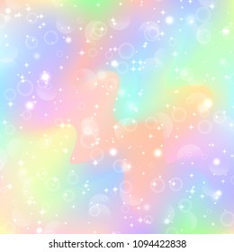Fantasy gradient backdrop with hologram. Holographic fairy background with magic sparkles, stars and blurs.