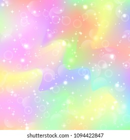 Fantasy gradient backdrop with hologram. Holographic fairy background with magic sparkles, stars and blurs.