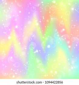 Fantasy gradient backdrop with hologram. Holographic fairy background with magic sparkles, stars and blurs.