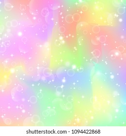 Fantasy gradient backdrop with hologram. Holographic fairy background with magic sparkles, stars and blurs.