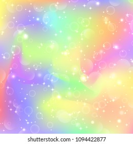 Fantasy gradient backdrop with hologram. Holographic fairy background with magic sparkles, stars and blurs.
