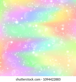 Fantasy gradient backdrop with hologram. Holographic fairy background with magic sparkles, stars and blurs.