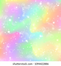 Fantasy gradient backdrop with hologram. Holographic fairy background with magic sparkles, stars and blurs.