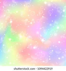 Fantasy gradient backdrop with hologram. Holographic fairy background with magic sparkles, stars and blurs.
