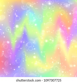 Fantasy gradient backdrop with hologram. Holographic fairy background with magic sparkles, stars and blurs.