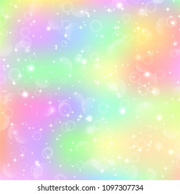 Fantasy gradient backdrop with hologram. Holographic fairy background with magic sparkles, stars and blurs.