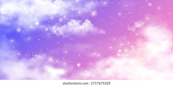 Fantasy gradient backdrop with holographic rainbow, pastel pink sky and cloud for unicorn or kawaii. Cute candy background for magical mermaid. Birthday party banner with bokeh light and glitter star.