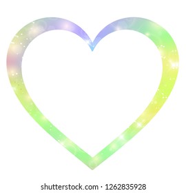 Fantasy gradient hologram heart shaped border, template with magic glowing stars and blurs. Unicorn with rainbow mesh photo frame on white background. Kawaii universe clip art in princess colors.