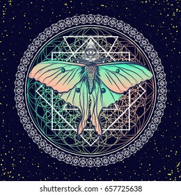 Fantasy graphic. Beautiful night moth and sacred geometry. Esoteric card. Design a poster for a t-shirt. Vector illustration EPS10.