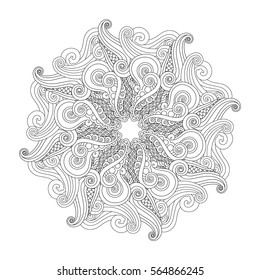 Fantasy Graphic Mandala with waves and curles. Zentangle inspired style. Coloring book (page) for adults and older children. Art raster illustration
