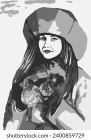 Fantasy grayscale drawing of a young woman with long hair wearing winter clothes and a fur hat