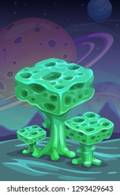 Fantasy green alien mushrooms, cartoon magic plant. Another planet nature landscape. Vector illustration.