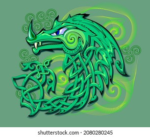 Fantasy green dragon. Modern art mural wallpaper with ancient triple spiral and Celtic knot. Abstract Nordic decoration. Triple trickle symbol ornament. Luxurious background, banner, print or design.