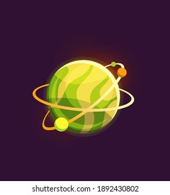 Fantasy green planet. Cosmic element for galaxy game design, colorful mystery space object with orbit ring and satellites, alien futuristic cartoon astronomy isolated on black background illustration