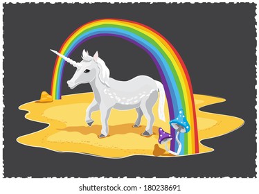 Fantasy greeting card with white pony unicorn walking under rainbow