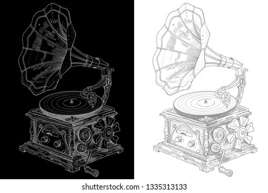 Fantasy grotesque vintage steampunk style gramophone. Hand drawn vector ink pen illustration light gray on white and black background. Music festival, band poster, t-shirt, tattoo design.