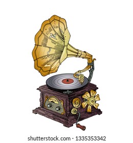 Fantasy grotesque vintage steampunk style gramophone. Hand drawn vector illustration. Music festival, band poster, t-shirt, tattoo, logo design.