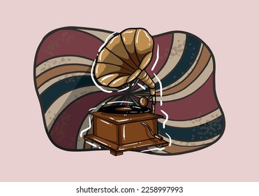 Fantasy grotesque vintage steampunk style gramophone. Hand drawn vector illustration. Music festival, band poster, t-shirt, tattoo, logo design.