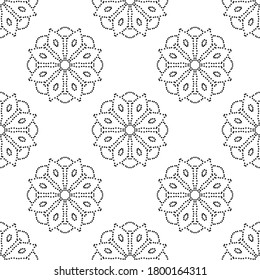 Fantasy halftone seamless pattern with ornamental mandala. Abstract round dotted flower background. Floral geometric circle. Vector illustration.  